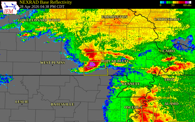 NEXRAD radar during the Tuesday, April 28, 2026 storm activity in Carter County, Missouri
