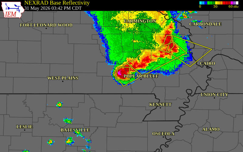 NEXRAD radar during the Sunday, May 31, 2026 storm activity in Carter County, Missouri