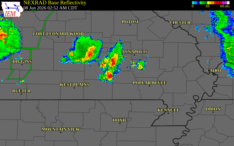 NEXRAD radar during the Monday, June 8, 2026 storm activity in Carter County, Missouri