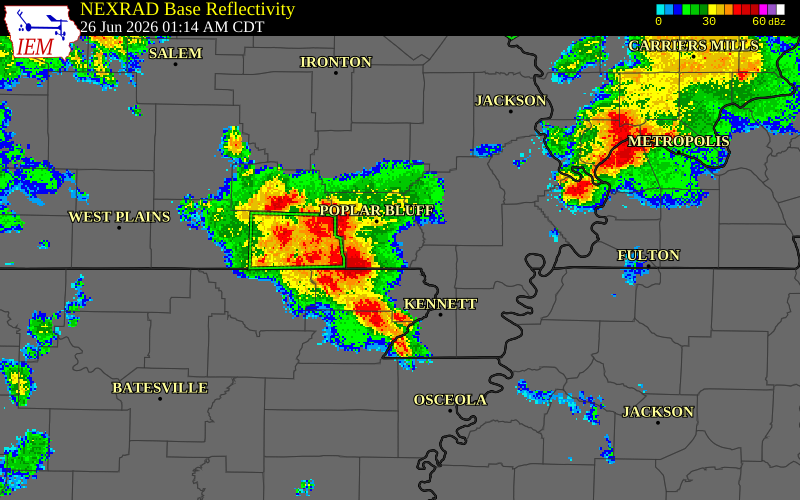NEXRAD radar during the Friday, June 26, 2026 storm activity in Carter County, Missouri