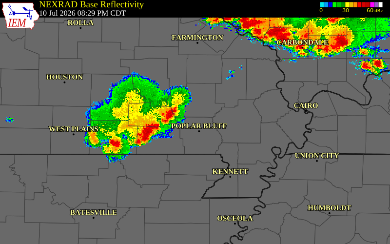 NEXRAD radar during the Friday, July 10, 2026 storm activity in Carter County, Missouri