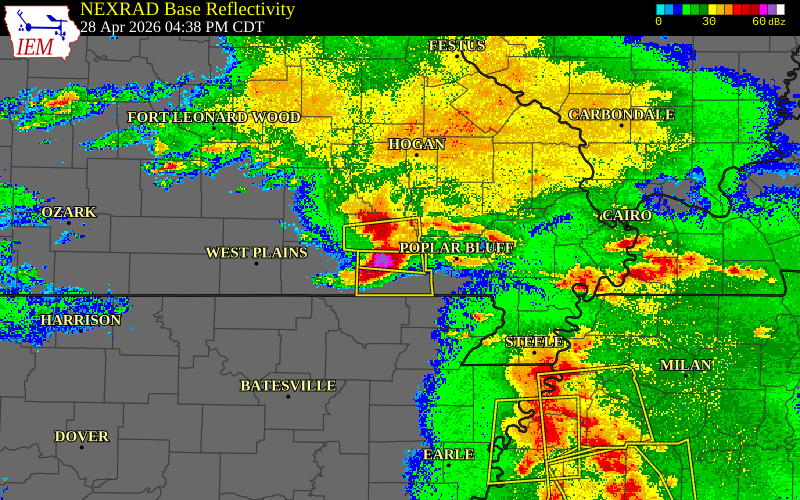 Radar snapshot during the Apr 28, 2026 hail event near Grandin, Carter County, Missouri, with NWS warning polygons