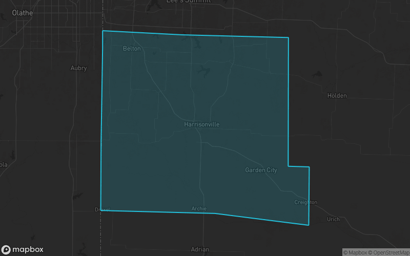 Map of Cass County, Missouri showing the county boundary and surrounding cities