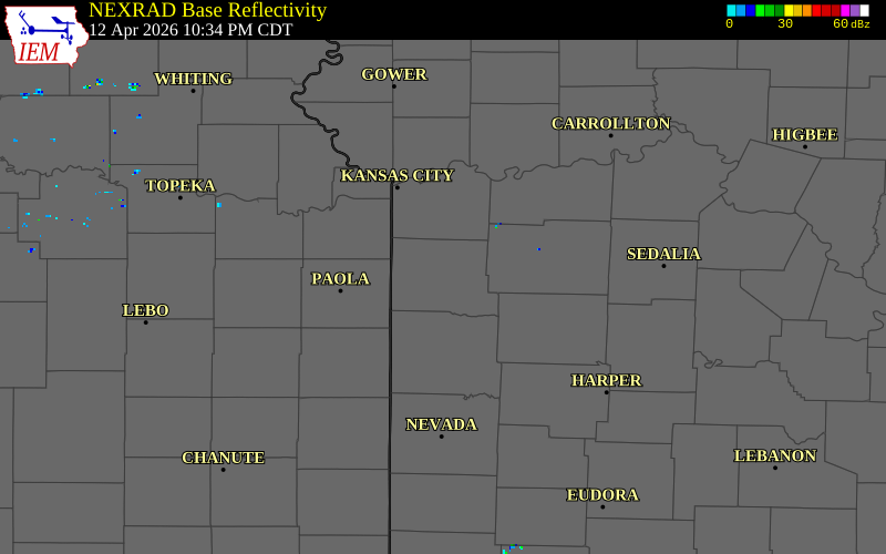 NEXRAD radar during the Sunday, April 12, 2026 storm activity in Cass County, Missouri