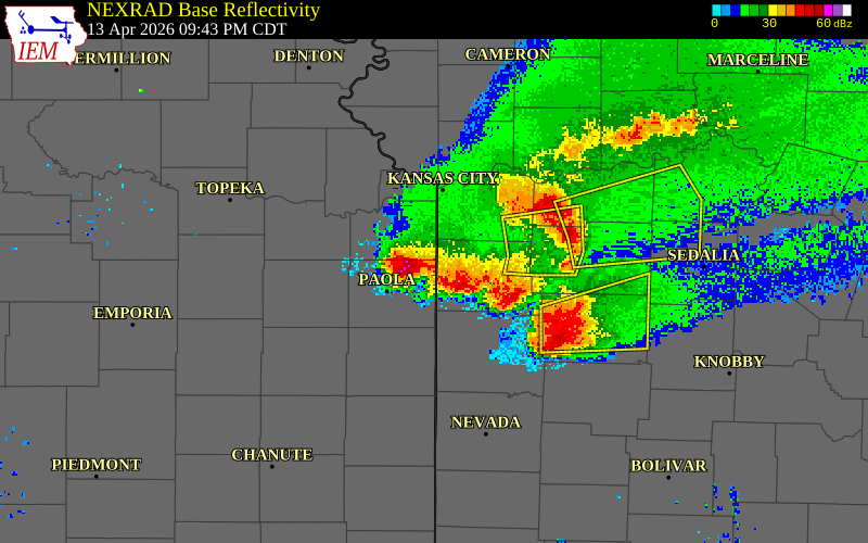 NEXRAD radar during the Monday, April 13, 2026 storm activity in Cass County, Missouri