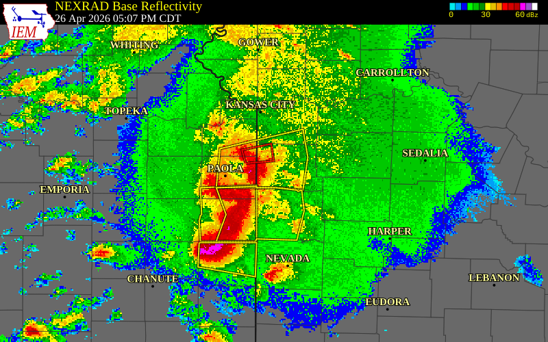 NEXRAD radar during the Sunday, April 26, 2026 storm activity in Cass County, Missouri