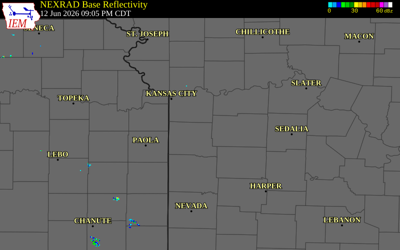 NEXRAD radar during the Friday, June 12, 2026 storm activity in Cass County, Missouri