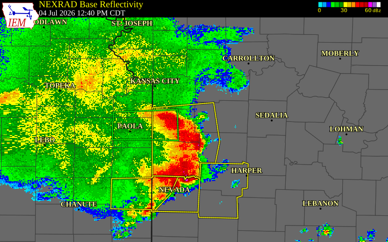 NEXRAD radar during the Saturday, July 4, 2026 storm activity in Cass County, Missouri
