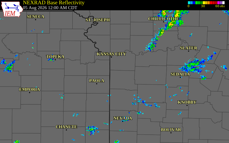 NEXRAD radar during the Wednesday, August 5, 2026 storm activity in Cass County, Missouri