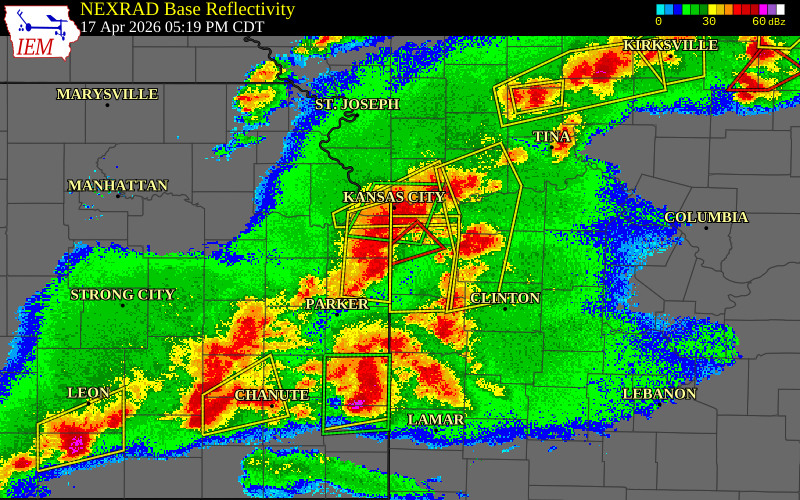 Radar snapshot during the Apr 17, 2026 tornado event near 1 SSW Belton, Cass County, Missouri, with NWS warning polygons