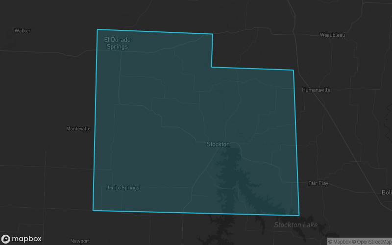 Map of Cedar County, Missouri showing the county boundary and surrounding cities