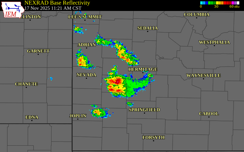 NEXRAD radar during the Monday, November 17, 2025 storm activity in Cedar County, Missouri