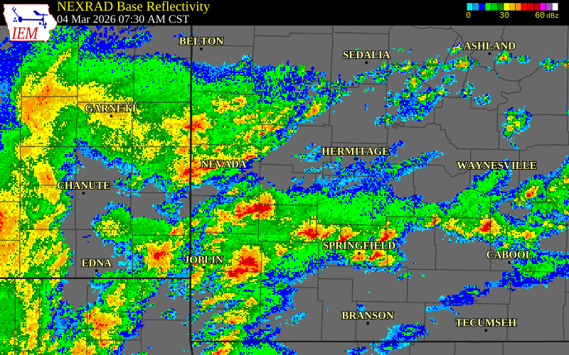NEXRAD radar during the Wednesday, March 4, 2026 storm activity in Cedar County, Missouri