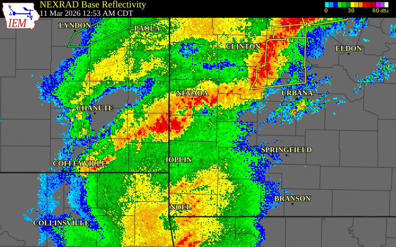 NEXRAD radar during the Wednesday, March 11, 2026 storm activity in Cedar County, Missouri