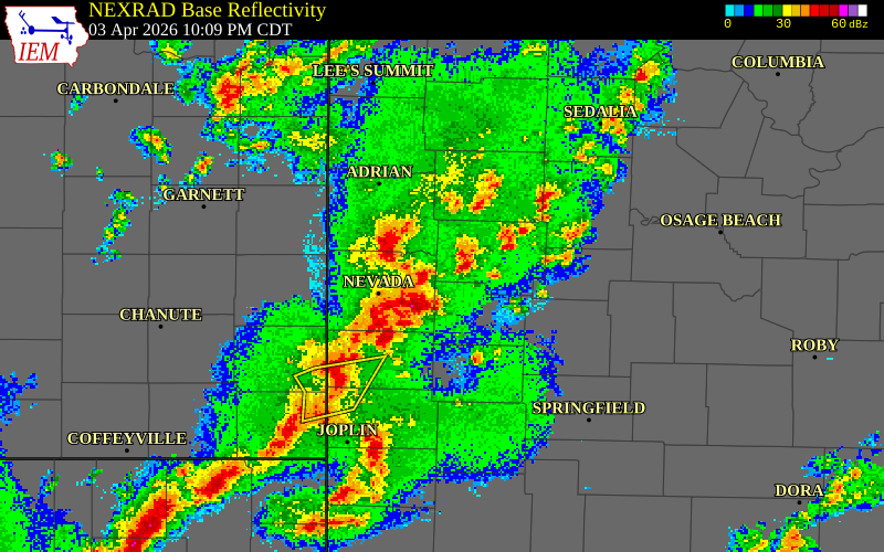 NEXRAD radar during the Friday, April 3, 2026 storm activity in Cedar County, Missouri