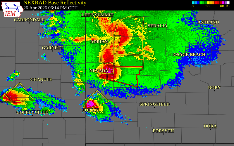 NEXRAD radar during the Sunday, April 26, 2026 storm activity in Cedar County, Missouri