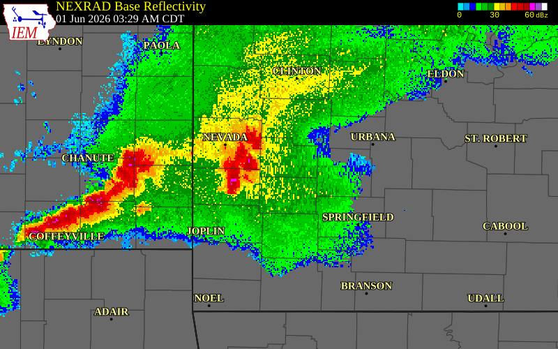 NEXRAD radar during the Monday, June 1, 2026 storm activity in Cedar County, Missouri