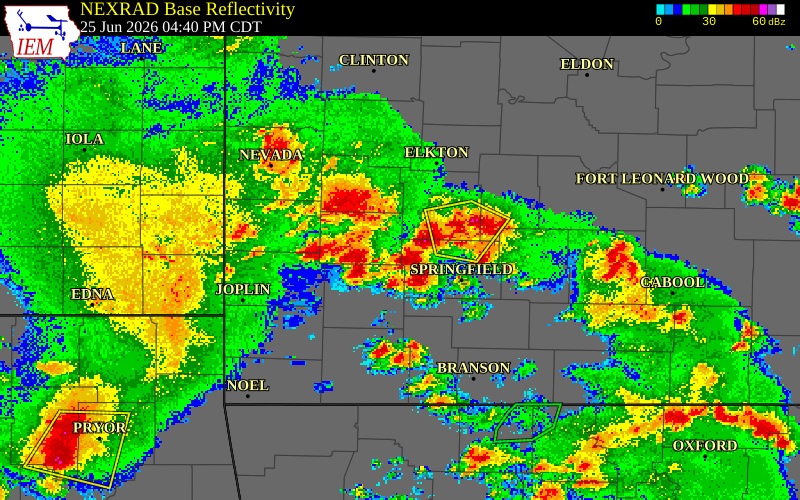 NEXRAD radar during the Thursday, June 25, 2026 storm activity in Cedar County, Missouri