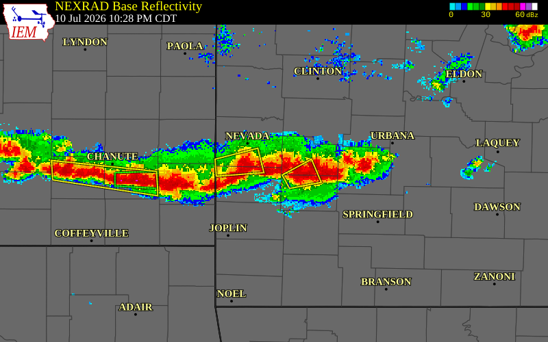 NEXRAD radar during the Friday, July 10, 2026 storm activity in Cedar County, Missouri