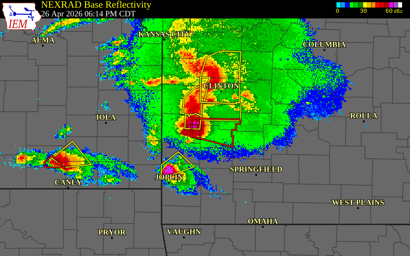 Radar snapshot during the Apr 26, 2026 hail event near 2 SSE El Dorado Springs, Cedar County, Missouri, with NWS warning polygons