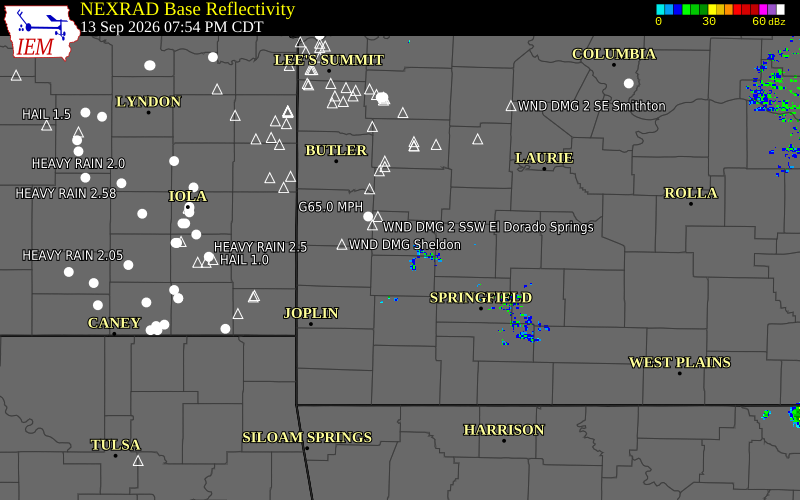 Current NEXRAD radar over Cedar County, Missouri with recent storm report locations