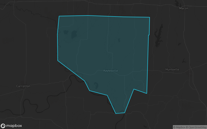 Map of Chariton County, Missouri showing the county boundary and surrounding cities