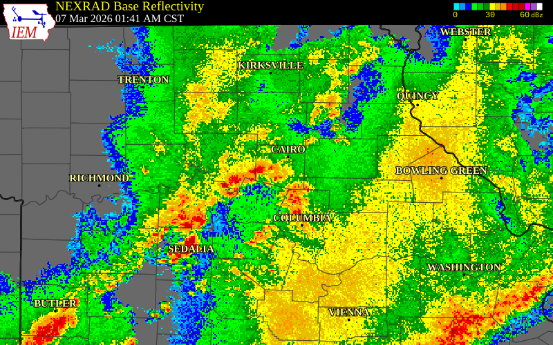 NEXRAD radar during the Saturday, March 7, 2026 storm activity in Chariton County, Missouri