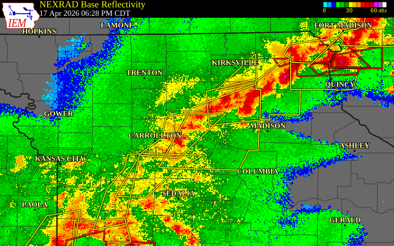 NEXRAD radar during the Friday, April 17, 2026 storm activity in Chariton County, Missouri