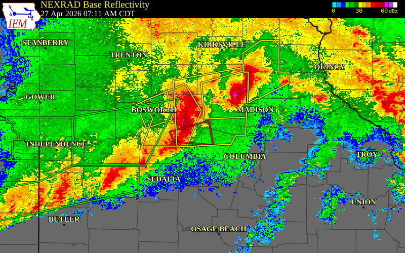 NEXRAD radar during the Monday, April 27, 2026 storm activity in Chariton County, Missouri