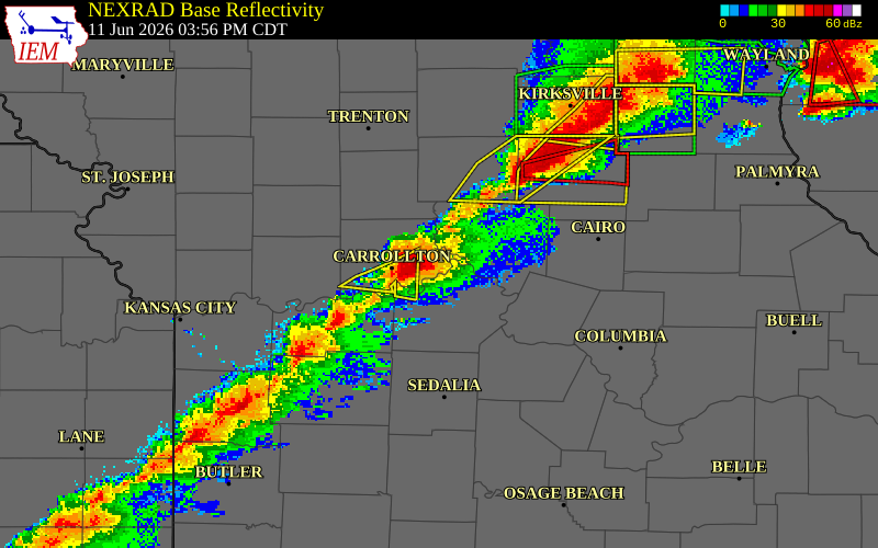 NEXRAD radar during the Thursday, June 11, 2026 storm activity in Chariton County, Missouri