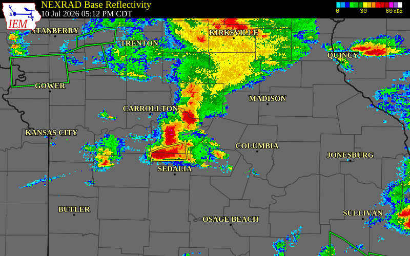 NEXRAD radar during the Friday, July 10, 2026 storm activity in Chariton County, Missouri