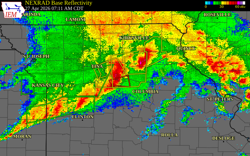 Radar snapshot during the Apr 27, 2026 tornado event near 5 S Salisbury, Chariton County, Missouri, with NWS warning polygons