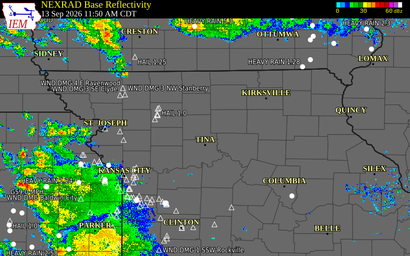 Current NEXRAD radar over Chariton County, Missouri with recent storm report locations