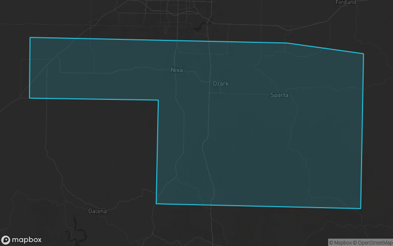 Map of Christian County, Missouri showing the county boundary and surrounding cities