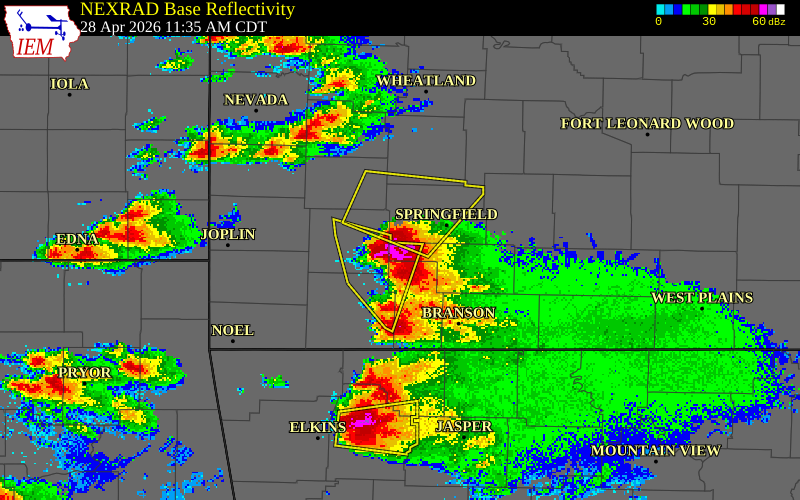 NEXRAD radar during the Tuesday, April 28, 2026 storm activity in Christian County, Missouri