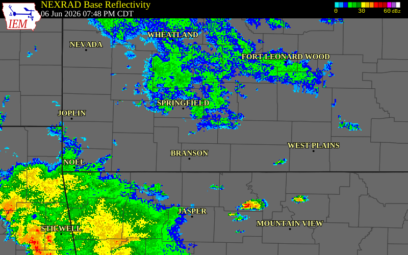 NEXRAD radar during the Saturday, June 6, 2026 storm activity in Christian County, Missouri