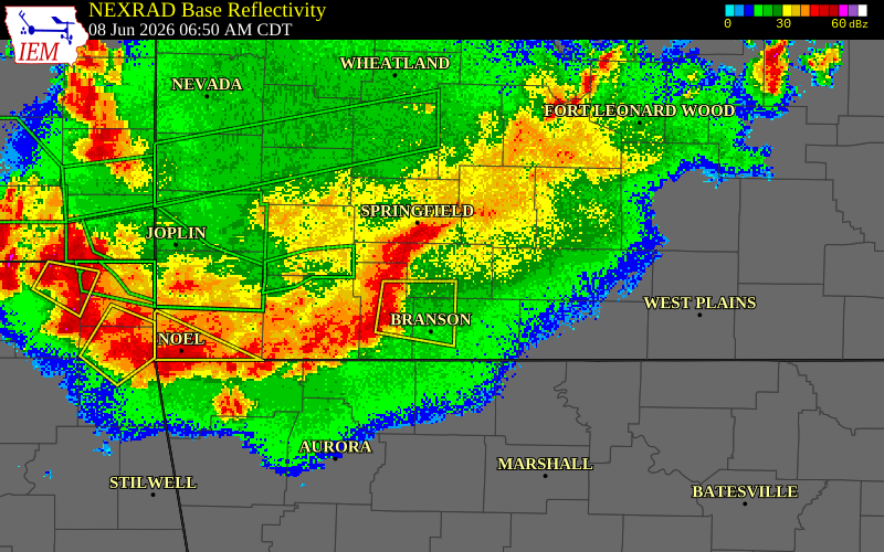 NEXRAD radar during the Monday, June 8, 2026 storm activity in Christian County, Missouri