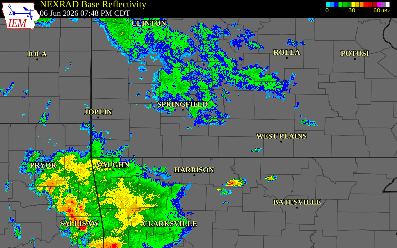 Radar snapshot during the Jun 6, 2026 tornado event near 1 ESE Sparta, Christian County, Missouri, with NWS warning polygons