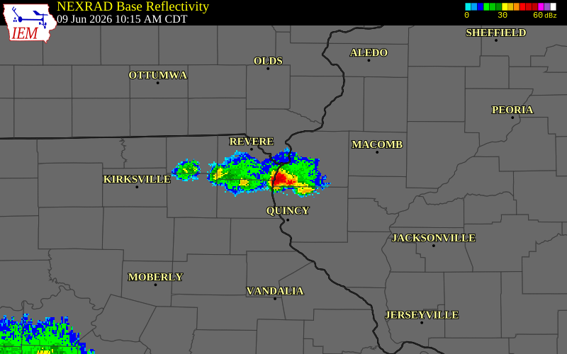 NEXRAD radar during the Tuesday, June 9, 2026 storm activity in Clark County, Missouri