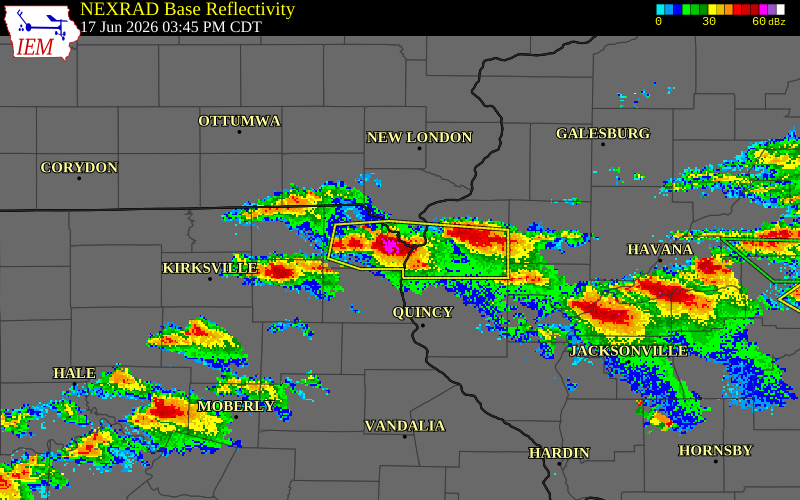 NEXRAD radar during the Wednesday, June 17, 2026 storm activity in Clark County, Missouri