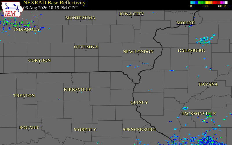 NEXRAD radar during the Thursday, August 6, 2026 storm activity in Clark County, Missouri