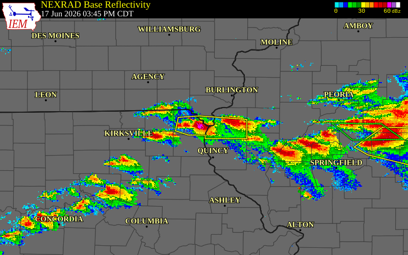 Radar snapshot during the Jun 17, 2026 hail event near 3 SE Wayland, Clark County, Missouri, with NWS warning polygons