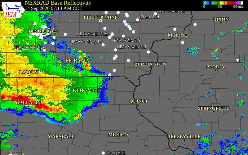 Current NEXRAD radar over Clark County, Missouri with recent storm report locations