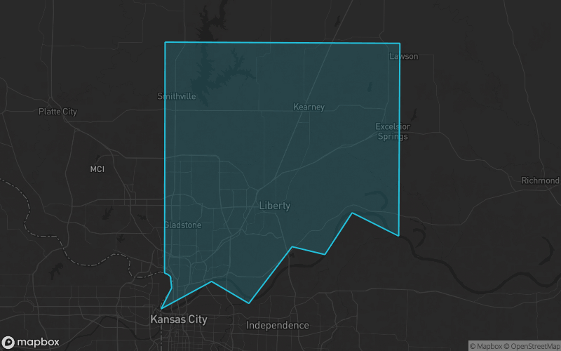 Map of Clay County, Missouri showing the county boundary and surrounding cities