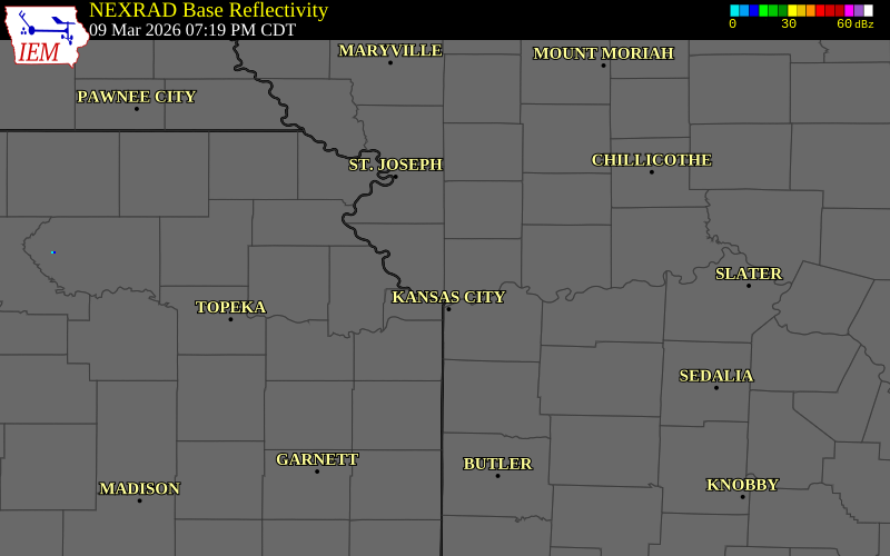 NEXRAD radar during the Monday, March 9, 2026 storm activity in Clay County, Missouri