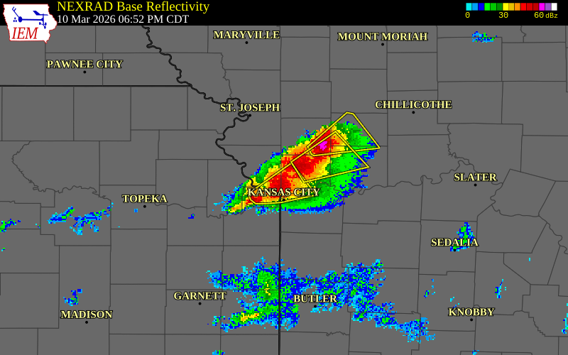 NEXRAD radar during the Tuesday, March 10, 2026 storm activity in Clay County, Missouri