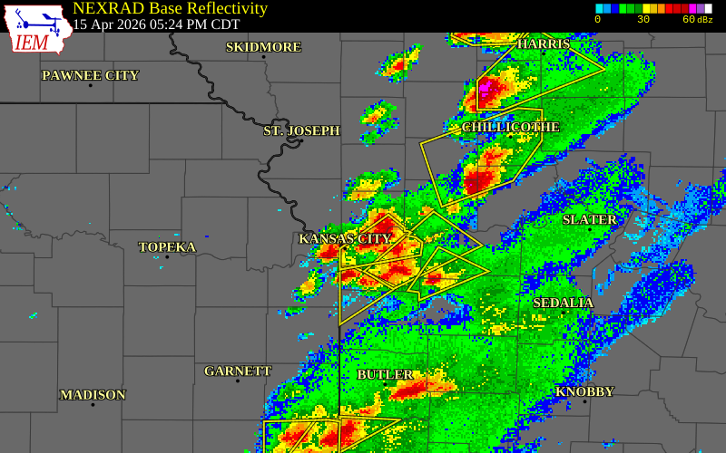 NEXRAD radar during the Wednesday, April 15, 2026 storm activity in Clay County, Missouri