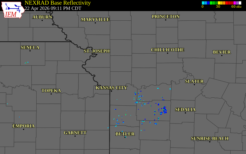 NEXRAD radar during the Wednesday, April 22, 2026 storm activity in Clay County, Missouri