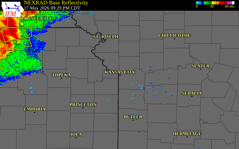 NEXRAD radar during the Sunday, May 17, 2026 storm activity in Clay County, Missouri