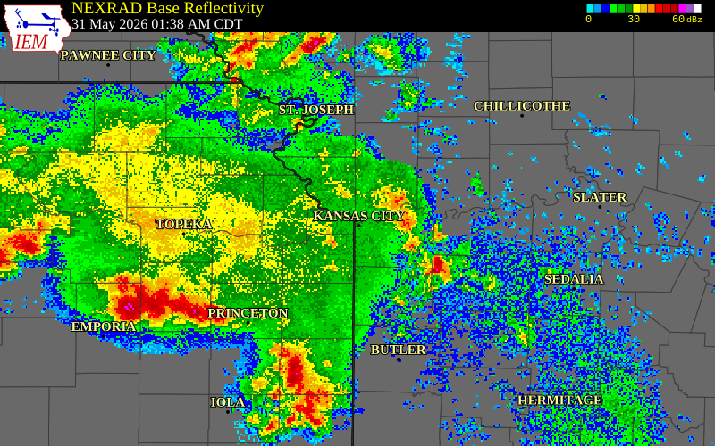 NEXRAD radar during the Sunday, May 31, 2026 storm activity in Clay County, Missouri